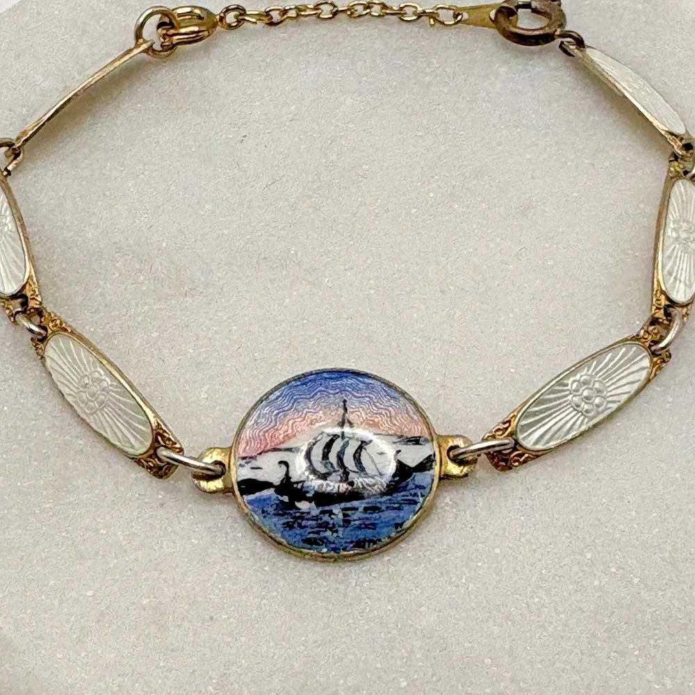 Vintage Sterling Silver Guilloche Enamel Bracelet Viking Ship Scandanavian READ